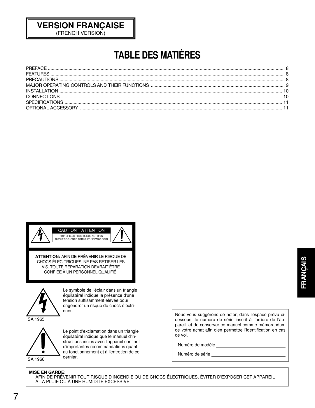 Panasonic WV-BM990 operating instructions Table DES Matiè RES 