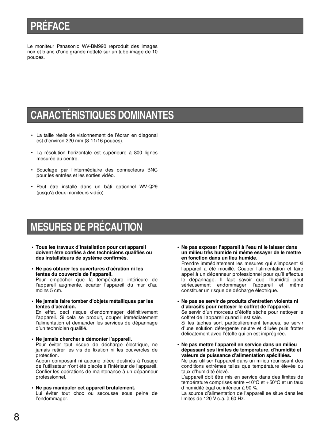 Panasonic WV-BM990 operating instructions PRÉ Face, Caracté Ristiques Dominantes, Mesures DE PRÉ Caution 