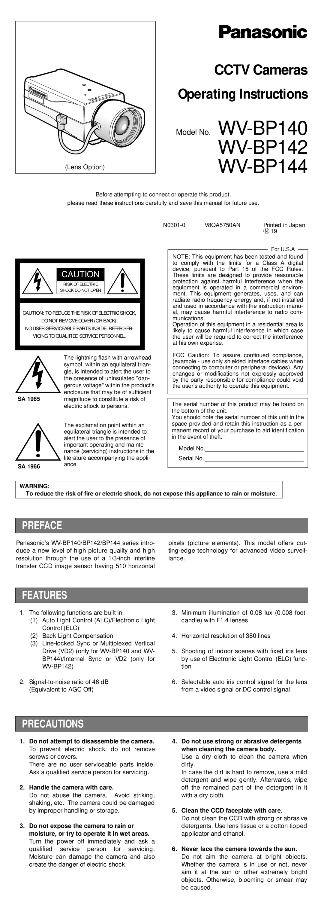 Panasonic WV-BP142, WV-BP144, WV-BP140 operating instructions Preface, Features, Precautions, Handle the camera with care 