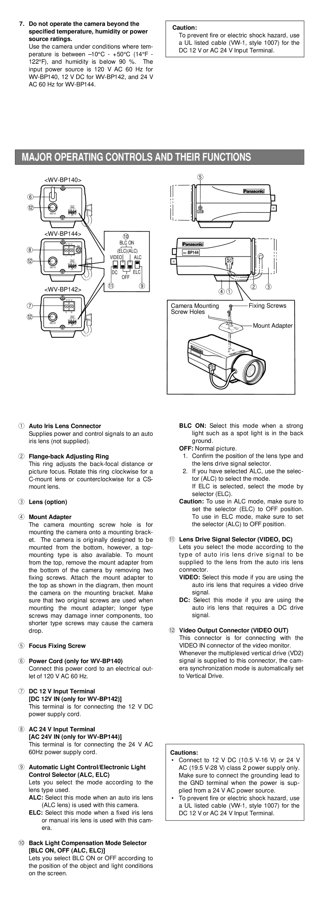 Panasonic WV-BP140, WV-BP144, WV-BP142 operating instructions Major Operating Controls and Their Functions 