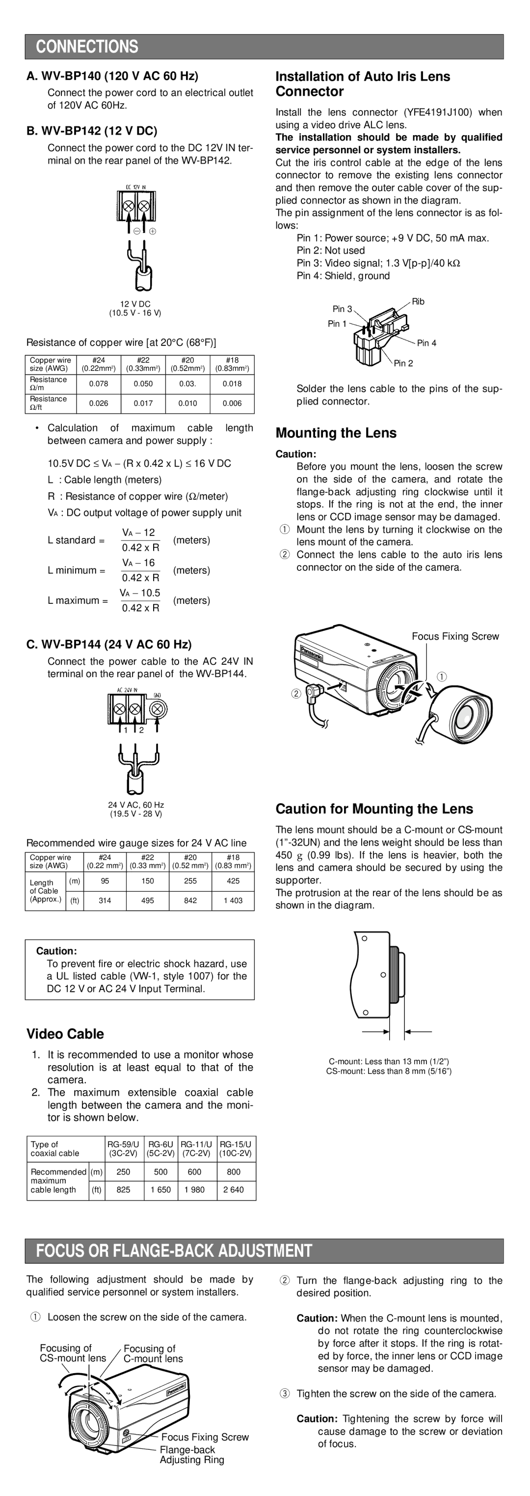 Panasonic WV-BP144, WV-BP142, WV-BP140 operating instructions Connections, Focus or FLANGE-BACK Adjustment 