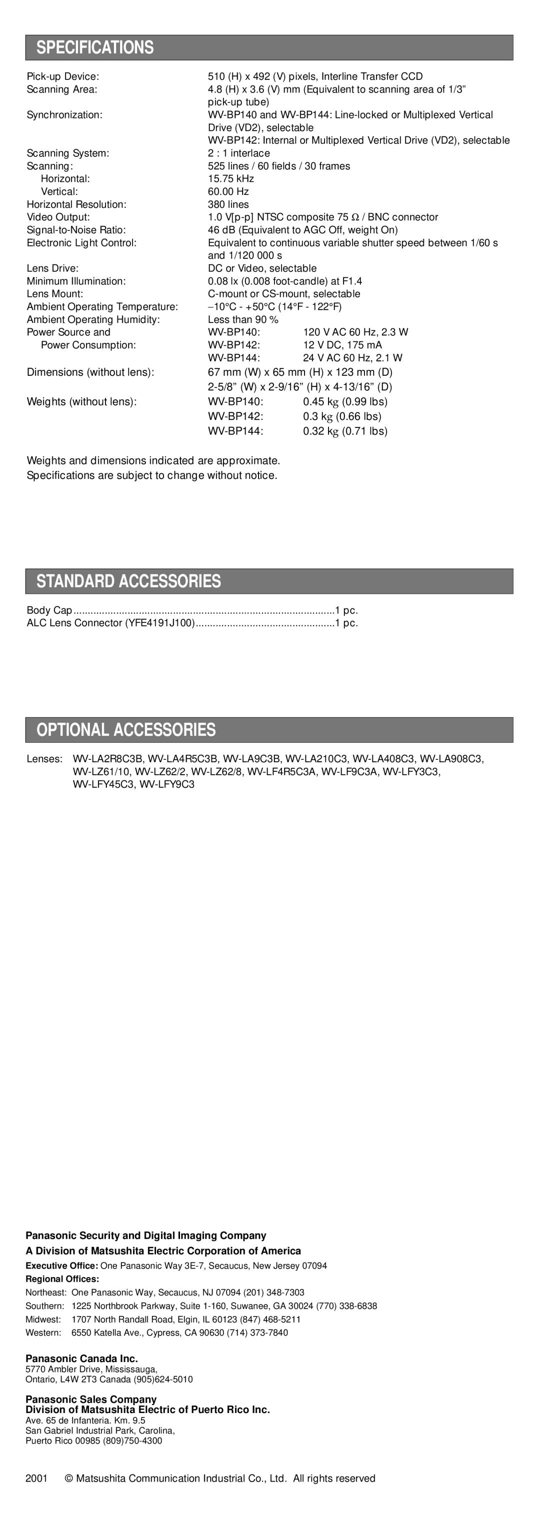 Panasonic WV-BP142, WV-BP144, WV-BP140 Specifications, Standard Accessories, Optional Accessories, Panasonic Canada Inc 