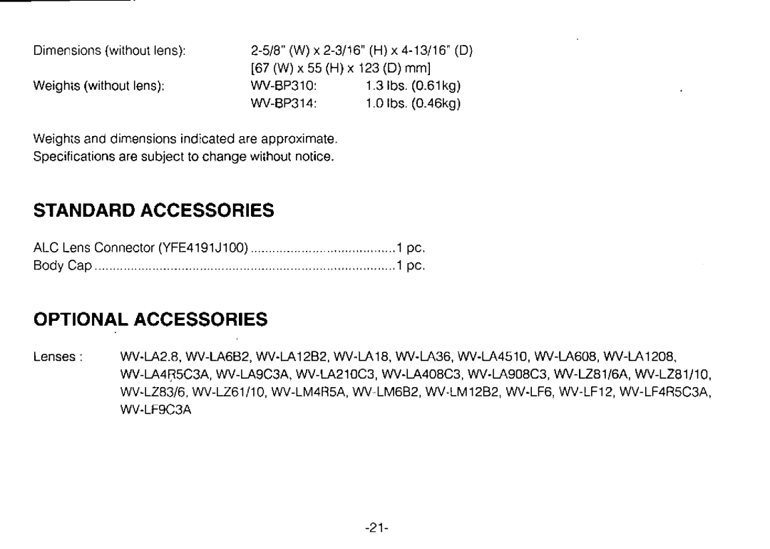 Panasonic WV-BP310 manual 