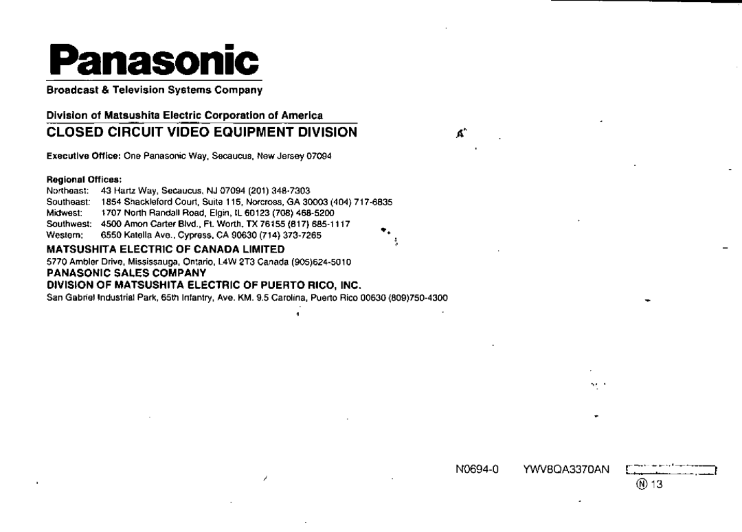 Panasonic WV-BP310 manual 