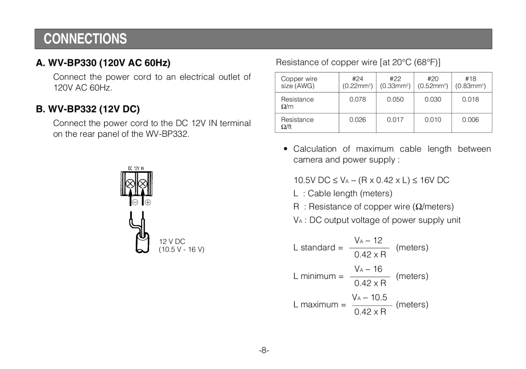 Panasonic manual Connections, WV-BP330 120V AC 60Hz, WV-BP332 12V DC 