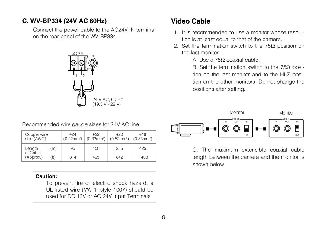 Panasonic WV-BP330 manual WV-BP334 24V AC 60Hz, Recommended wire gauge sizes for 24V AC line 