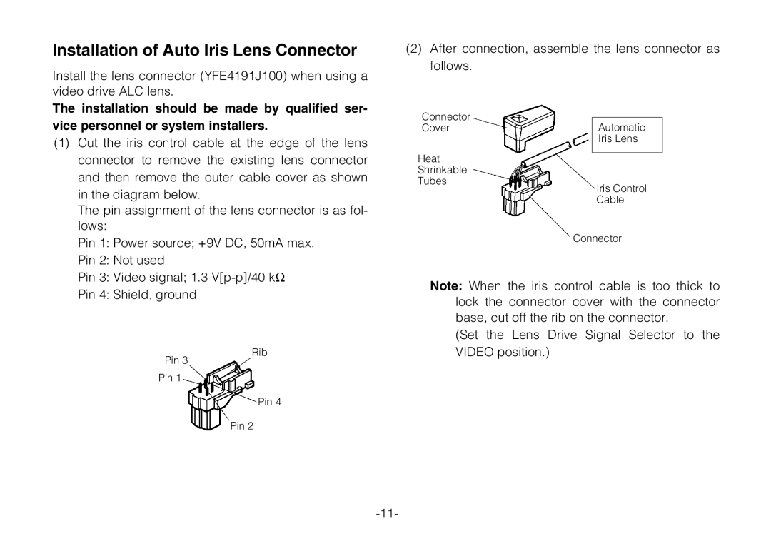 Panasonic WV-BP330 manual Installation of Auto Iris Lens Connector 