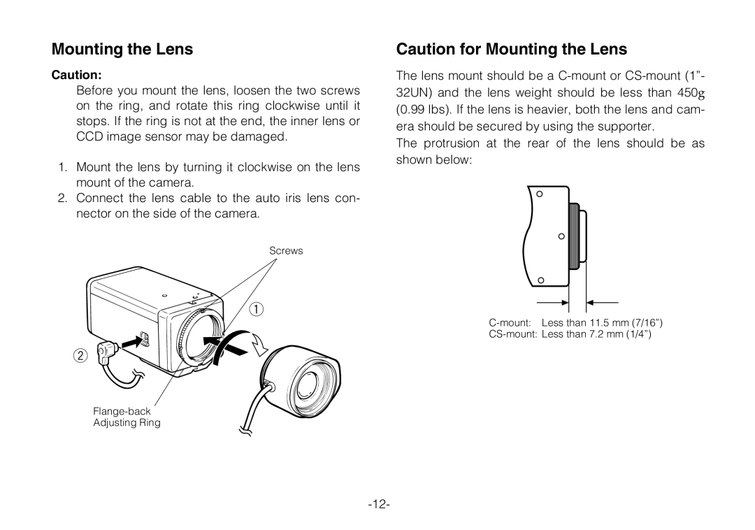 Panasonic WV-BP330 manual Mounting the Lens 