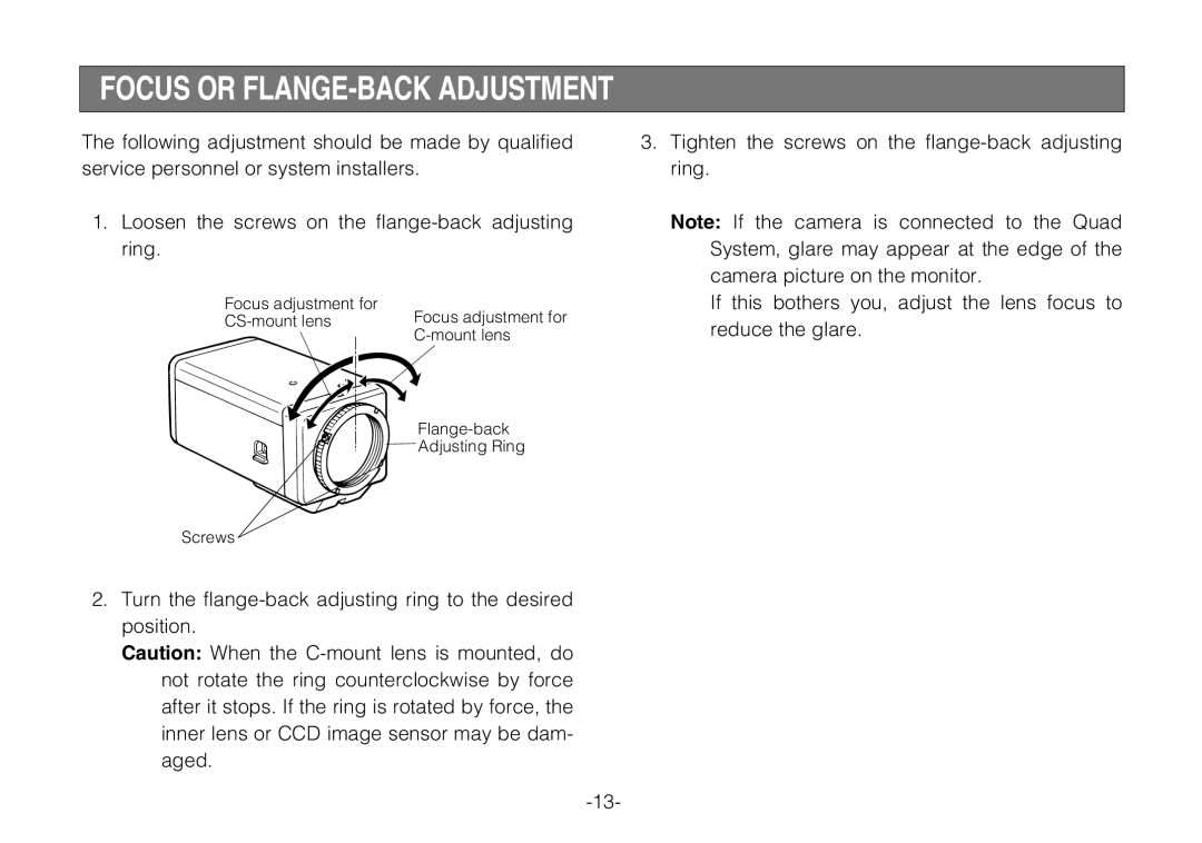 Panasonic WV-BP330 manual Focus or FLANGE-BACK Adjustment 