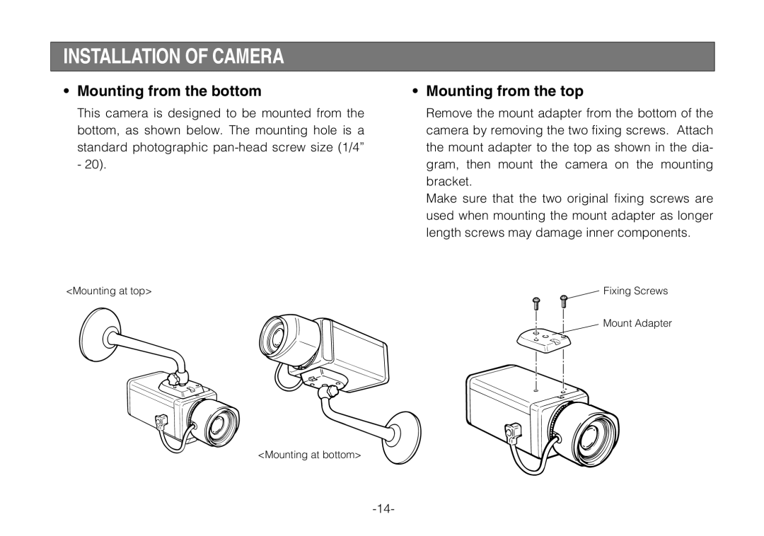 Panasonic WV-BP330 manual Installation of Camera, Mounting from the bottom, Mounting from the top 