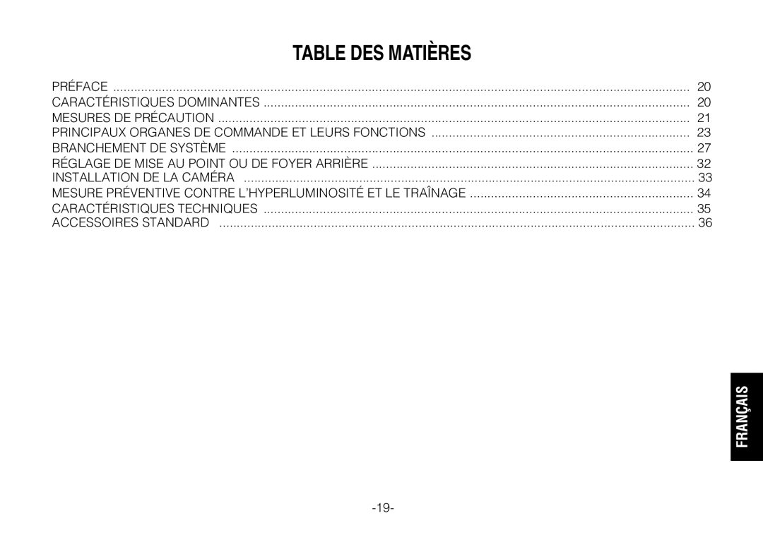 Panasonic WV-BP330 manual Table DES Matières 