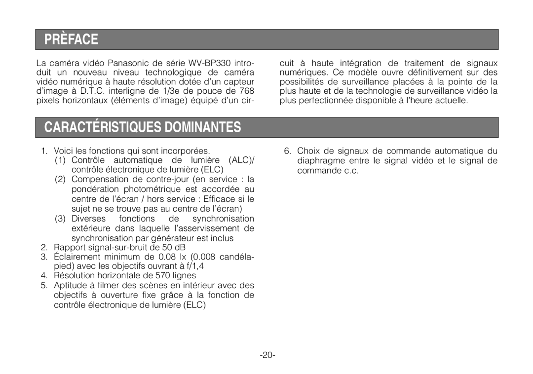 Panasonic WV-BP330 manual Prèface, Caractéristiques Dominantes 