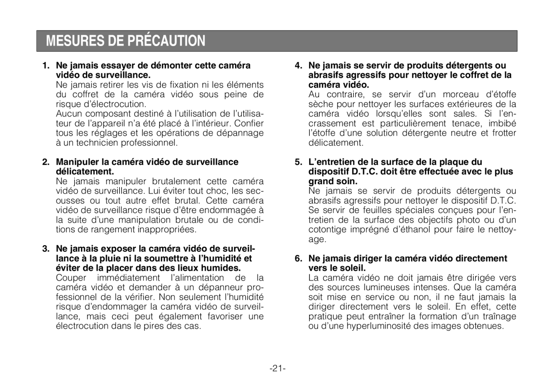 Panasonic WV-BP330 manual Mesures DE Précaution, Manipuler la caméra vidéo de surveillance délicatement 