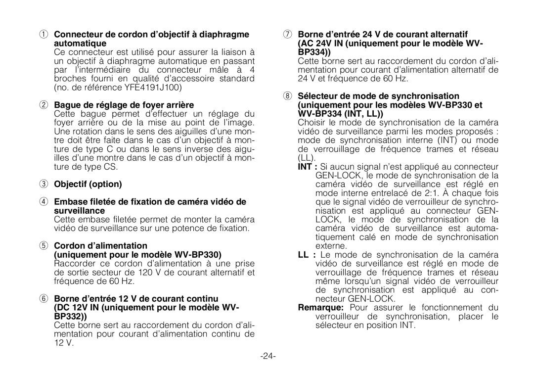 Panasonic WV-BP330 manual Connecteur de cordon d’objectif à diaphragme automatique, Bague de réglage de foyer arrière 