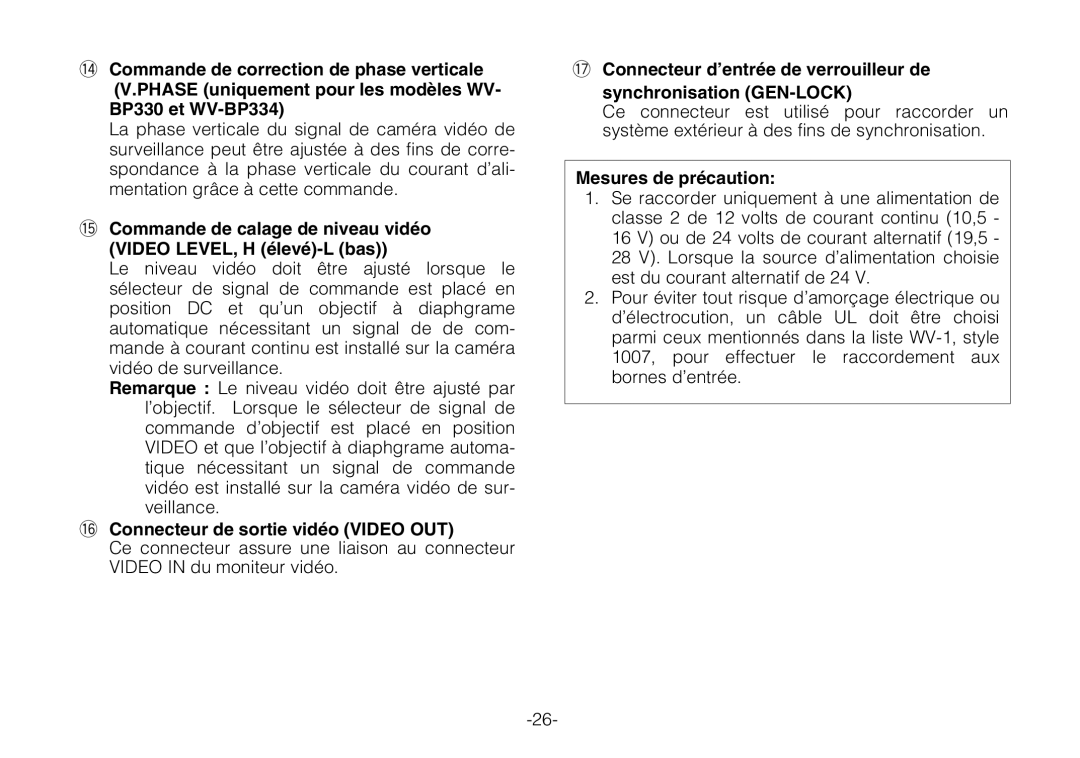 Panasonic WV-BP330 manual 6Connecteur de sortie vidéo Video OUT, Mesures de précaution 