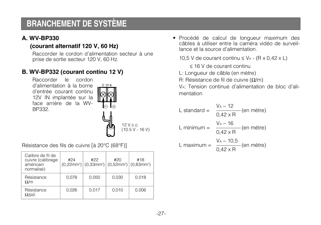 Panasonic manual Branchement DE Système, WV-BP330 Courant alternatif 120 V, 60 Hz, WV-BP332 courant continu 12 