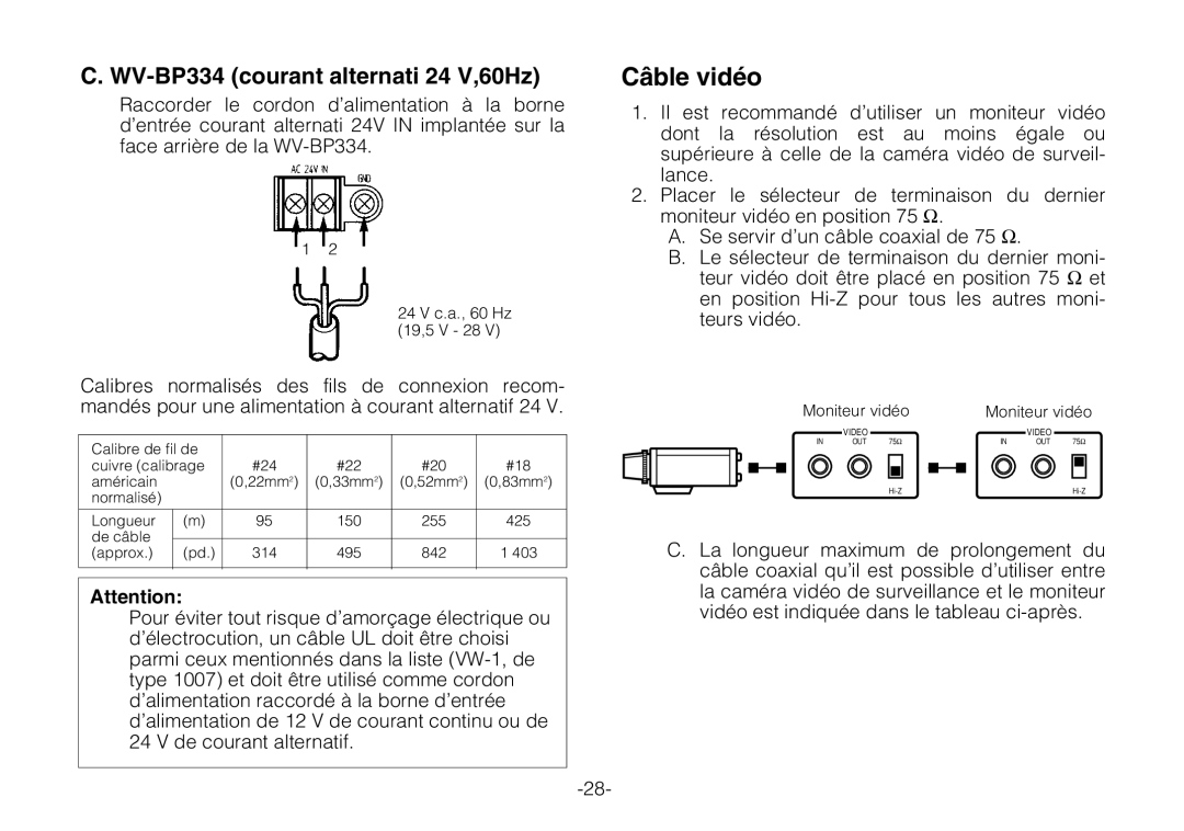 Panasonic WV-BP330 manual Câble vidéo, WV-BP334 courant alternati 24 V,60Hz 