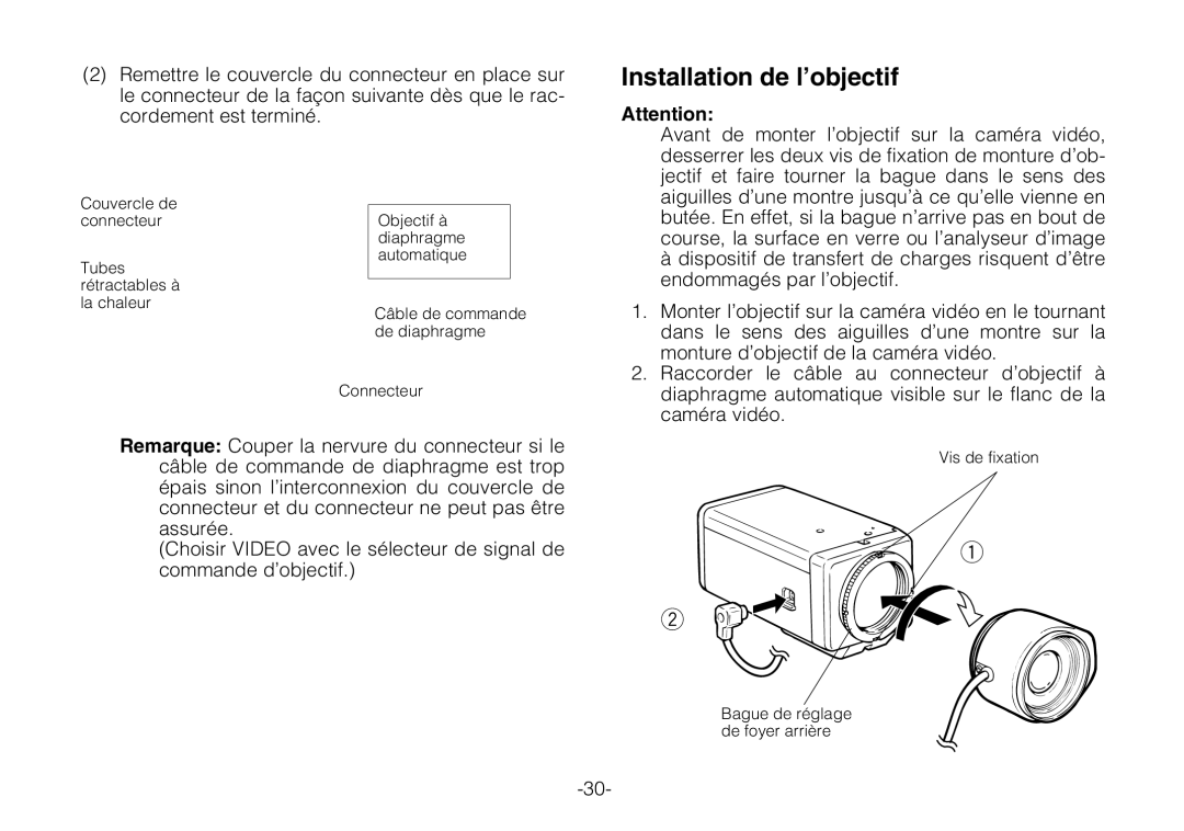 Panasonic WV-BP330 manual Installation de l’objectif 