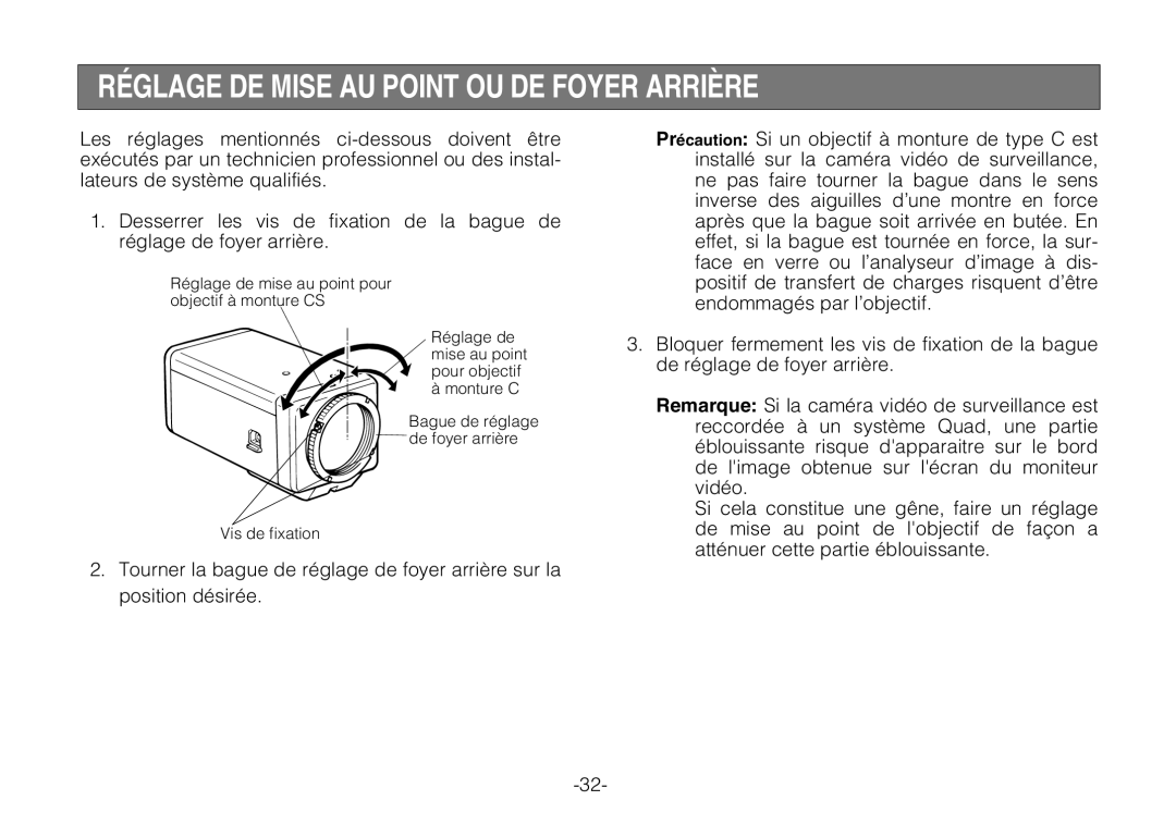 Panasonic WV-BP330 manual Réglage DE Mise AU Point OU DE Foyer Arrière 