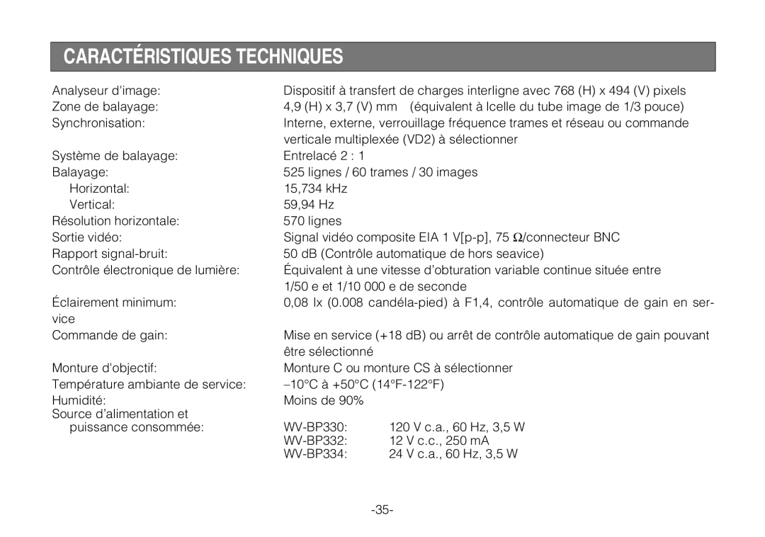 Panasonic WV-BP330 manual Caractéristiques Techniques 