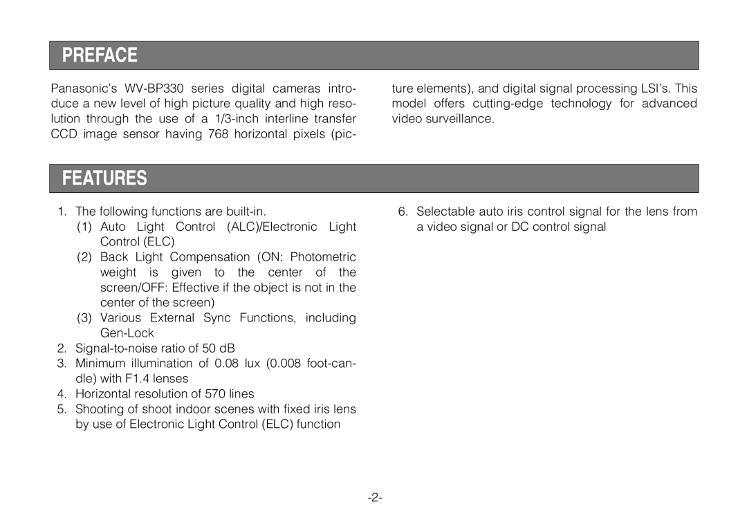 Panasonic WV-BP330 manual Preface, Features 