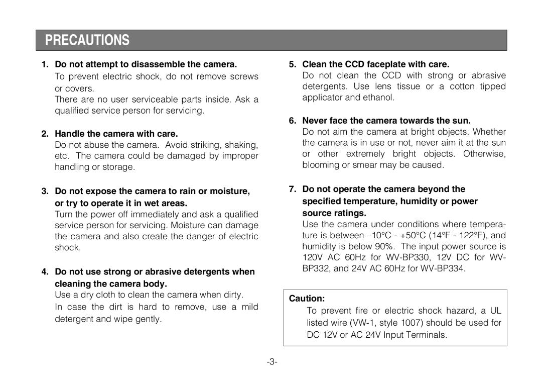 Panasonic WV-BP330 manual Precautions, Do not attempt to disassemble the camera, Handle the camera with care 