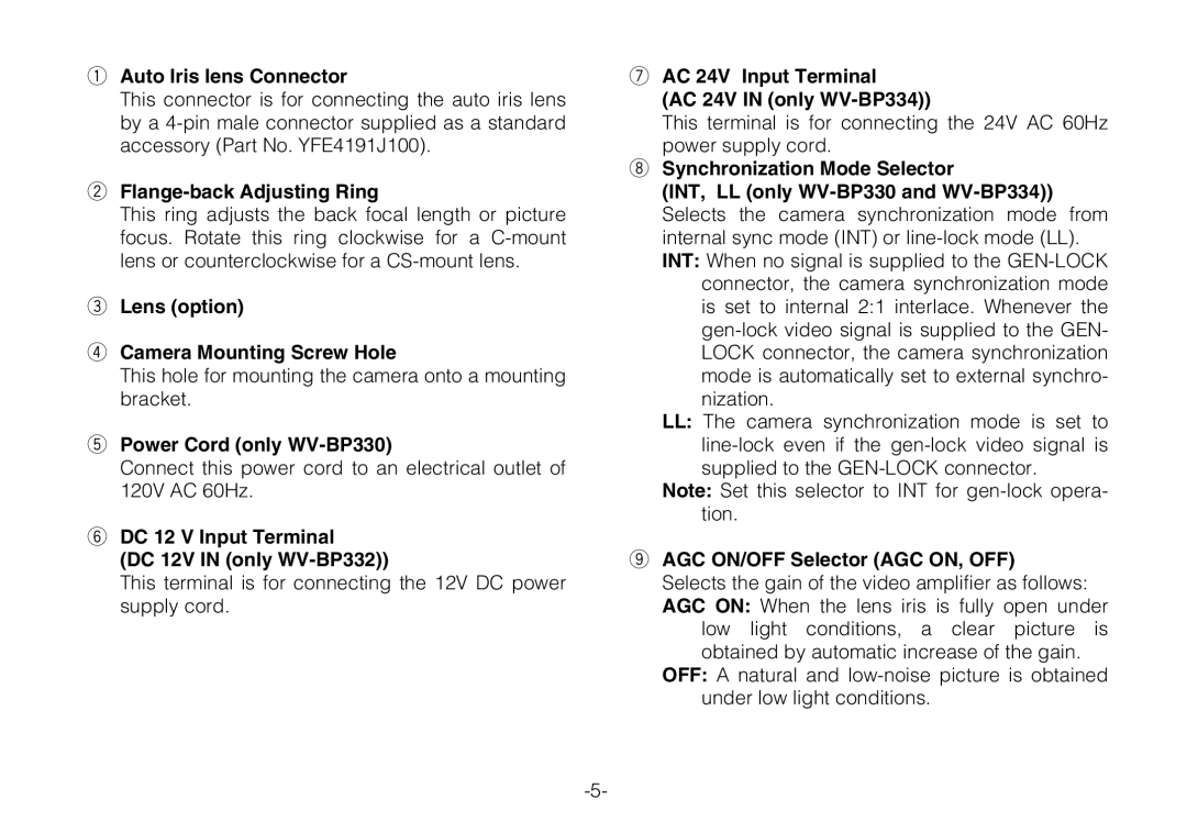 Panasonic WV-BP330 manual Auto Iris lens Connector, Flange-back Adjusting Ring, Lens option Camera Mounting Screw Hole 