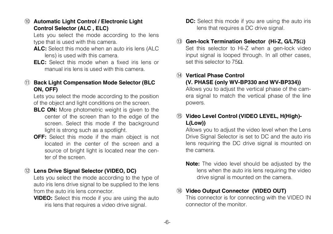 Panasonic WV-BP330 manual 1Back Light Compensation Mode Selector BLC, 2Lens Drive Signal Selector VIDEO, DC 