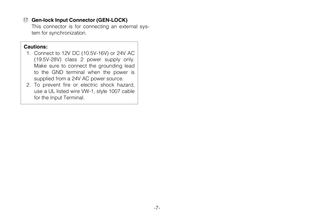 Panasonic WV-BP330 manual 7Gen-lock Input Connector GEN-LOCK 