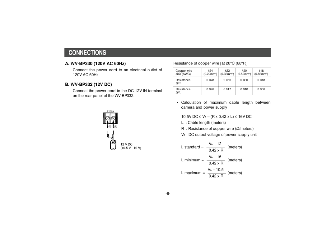 Panasonic WV-BP334 manual Connections, WV-BP332 12V DC 