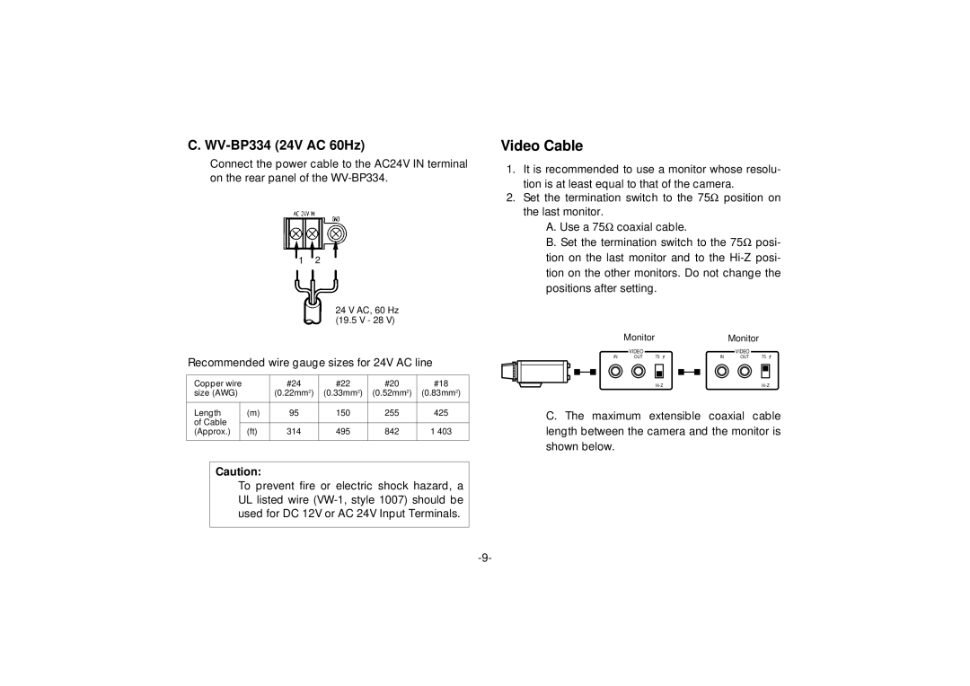 Panasonic WV-BP334, WV-BP332 manual Video Cable 