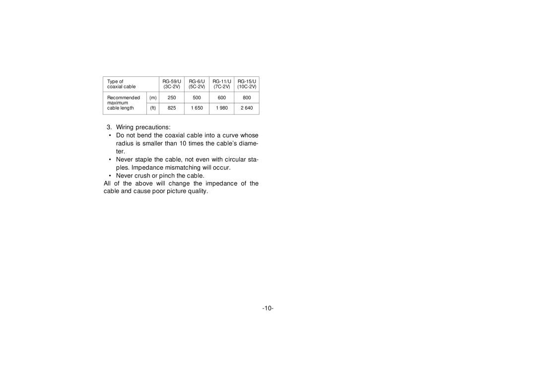 Panasonic WV-BP332, WV-BP334 manual Type RG-59/U RG-6/U RG-11/U RG-15/U Coaxial cable 