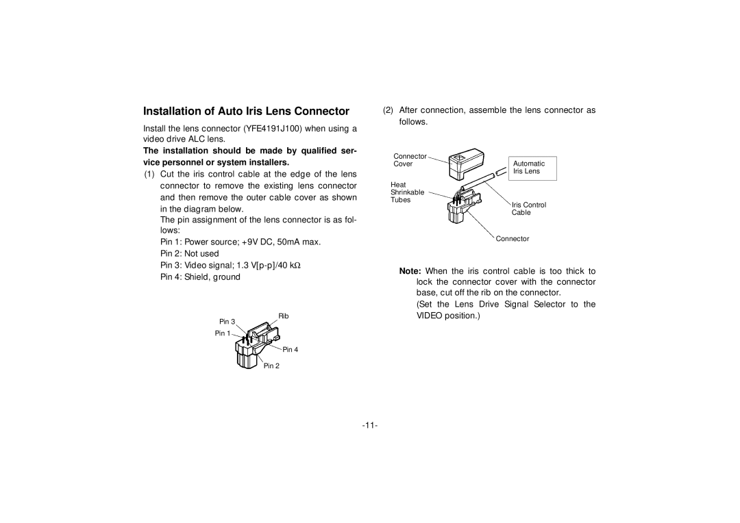 Panasonic WV-BP334, WV-BP332 manual Installation of Auto Iris Lens Connector 