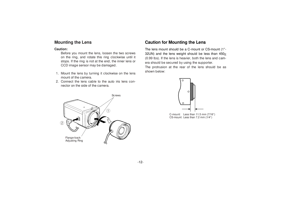 Panasonic WV-BP332, WV-BP334 manual Mounting the Lens 