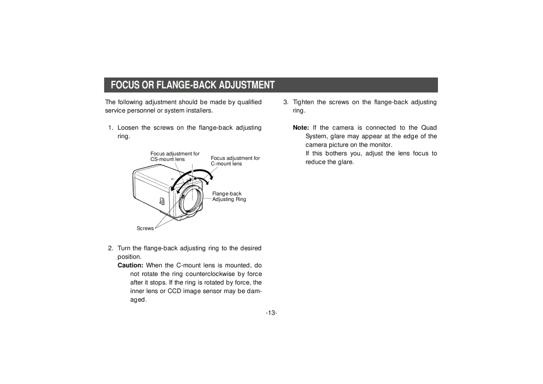 Panasonic WV-BP334, WV-BP332 manual Focus or FLANGE-BACK Adjustment 