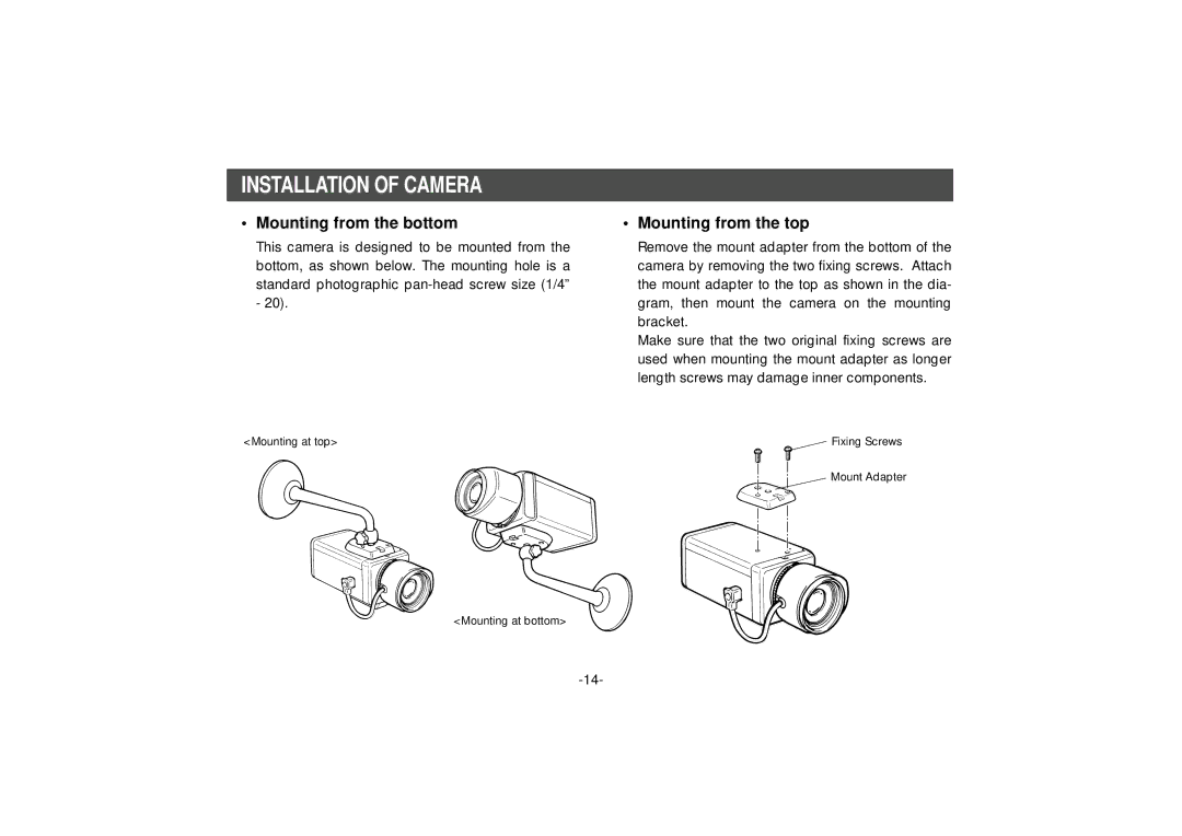 Panasonic WV-BP332, WV-BP334 manual Installation of Camera, Mounting from the bottom 