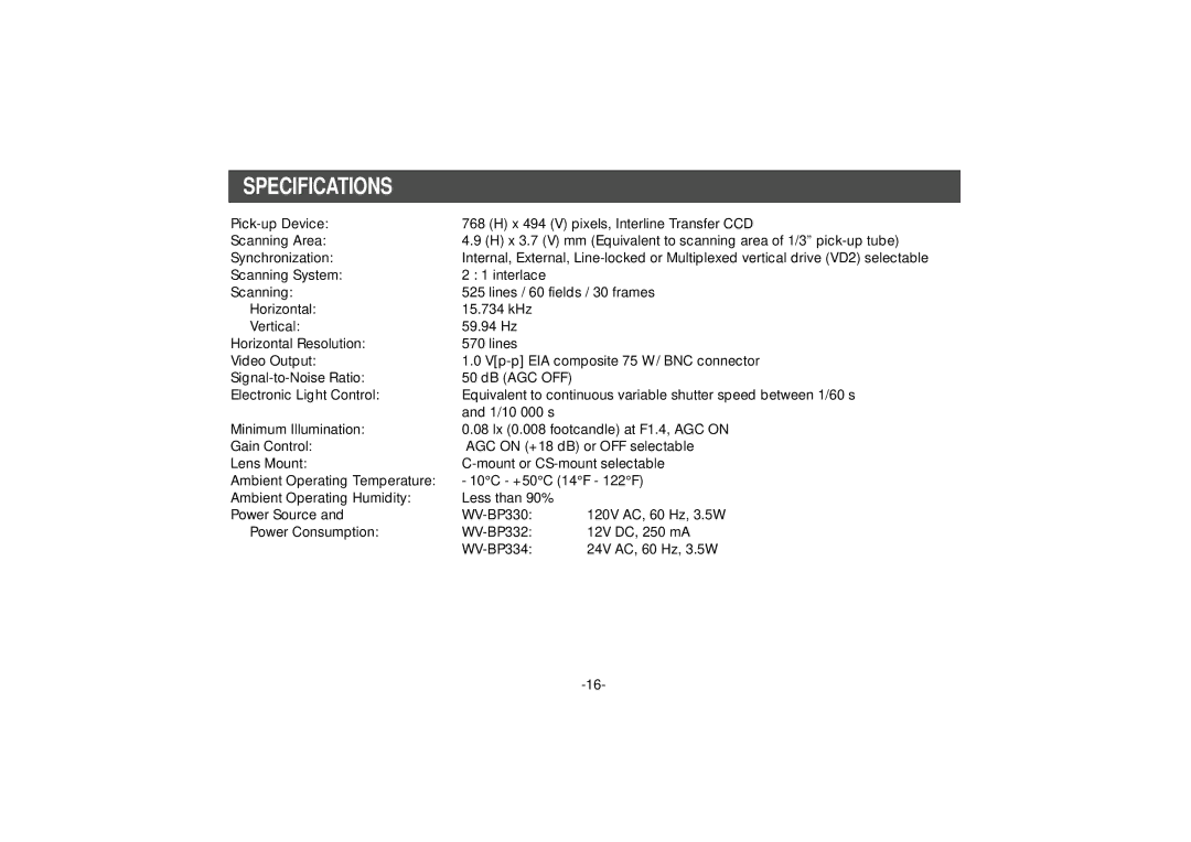 Panasonic WV-BP332, WV-BP334 manual Specifications 