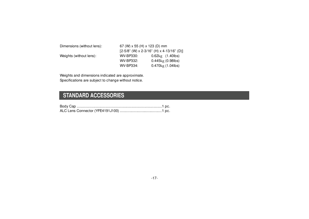 Panasonic WV-BP334, WV-BP332 manual Standard Accessories 