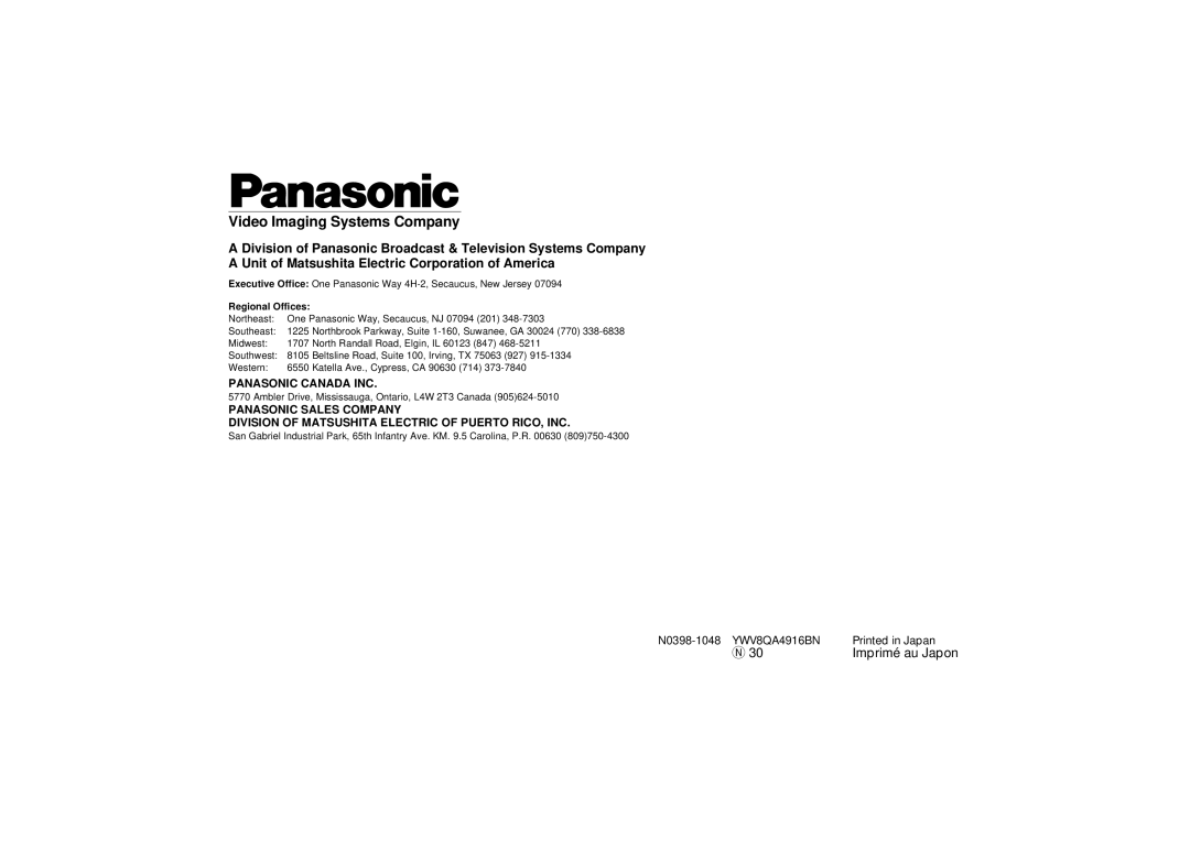 Panasonic WV-BP332, WV-BP334 manual Video Imaging Systems Company 