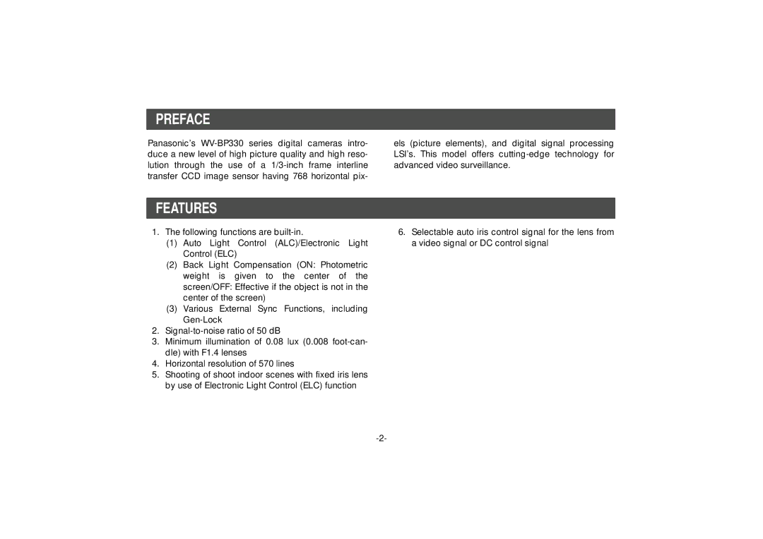 Panasonic WV-BP332, WV-BP334 manual Preface, Features 