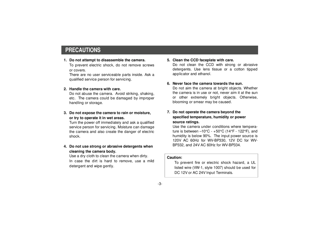 Panasonic WV-BP334, WV-BP332 manual Precautions, Do not attempt to disassemble the camera, Handle the camera with care 