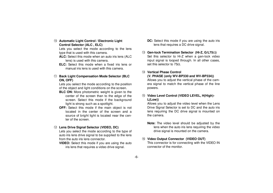 Panasonic WV-BP332, WV-BP334 manual 1Back Light Compensation Mode Selector BLC, 2Lens Drive Signal Selector VIDEO, DC 