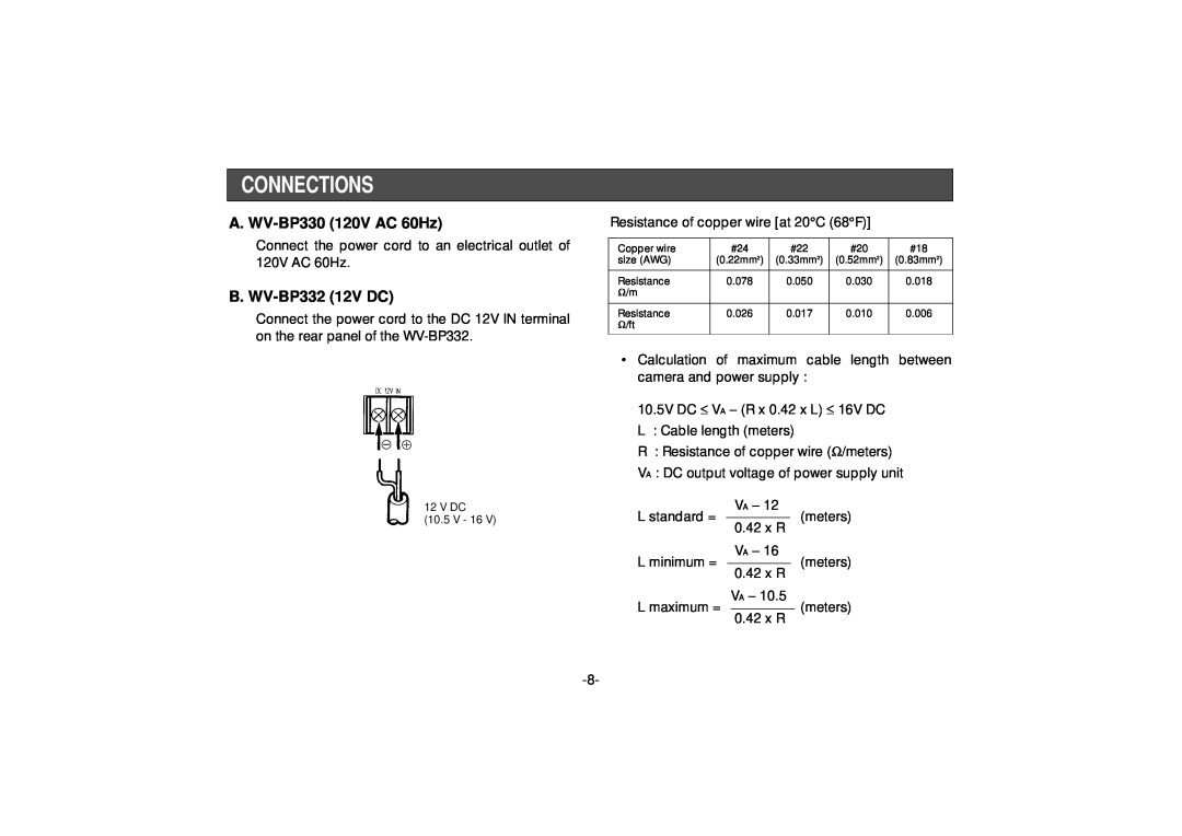 Panasonic WV-BP334 manual Connections, A. WV-BP330 120V AC 60Hz, B. WV-BP332 12V DC 
