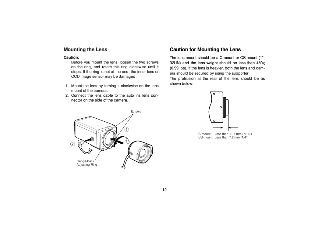 Panasonic WV-BP332, WV-BP334 manual Caution for Mounting the Lens 