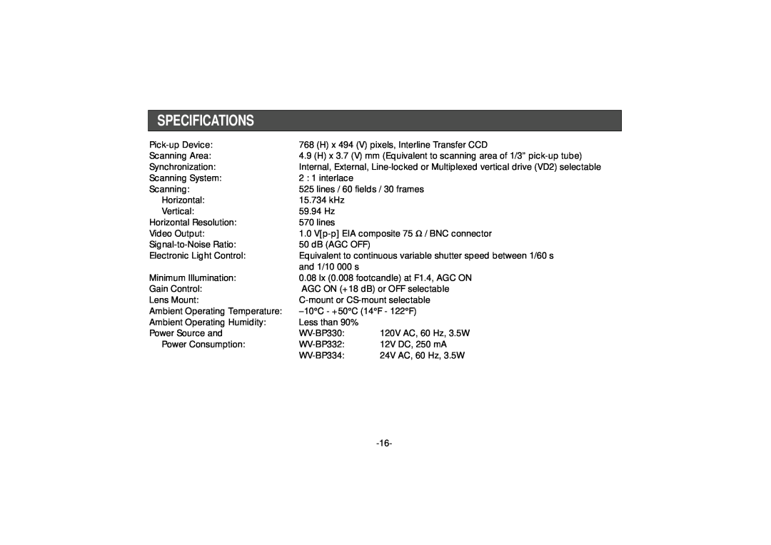 Panasonic WV-BP332, WV-BP334 manual Specifications 