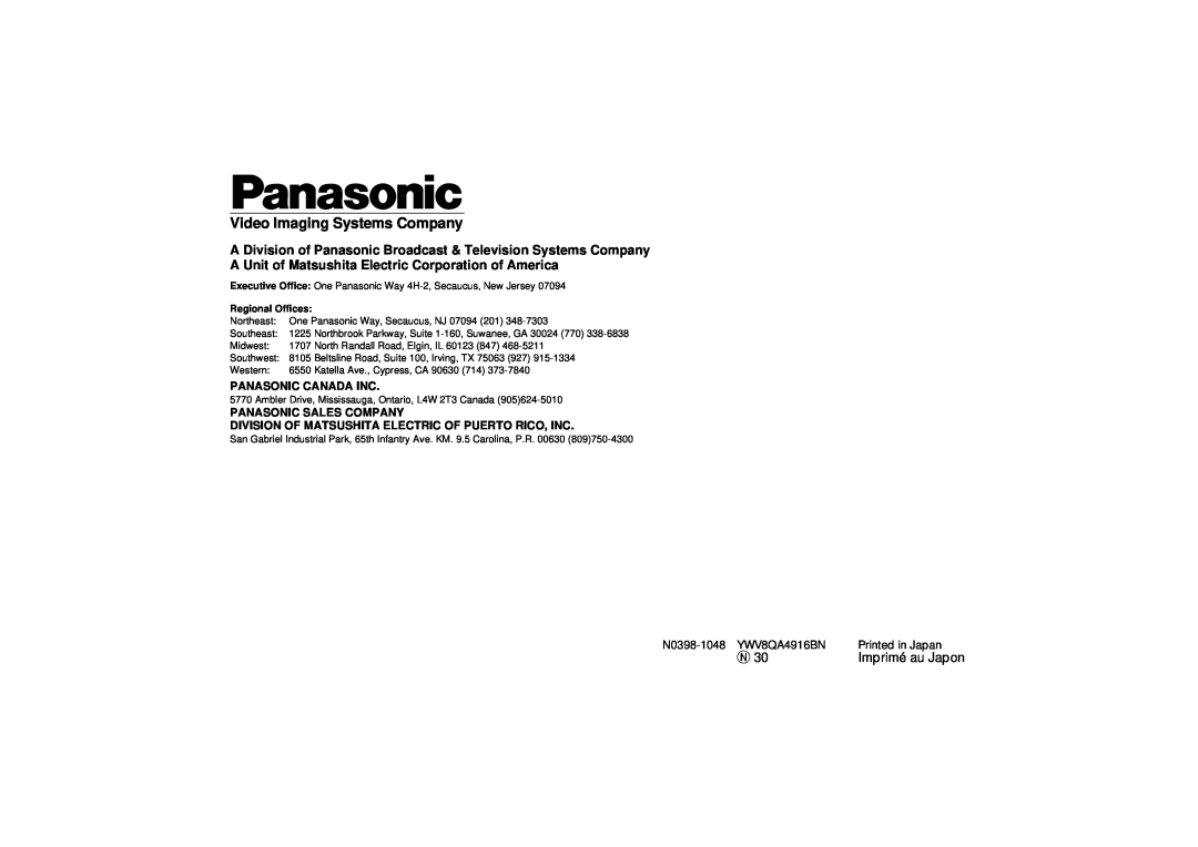 Panasonic WV-BP332, WV-BP334 A Division of Panasonic Broadcast & Television Systems Company, Video Imaging Systems Company 