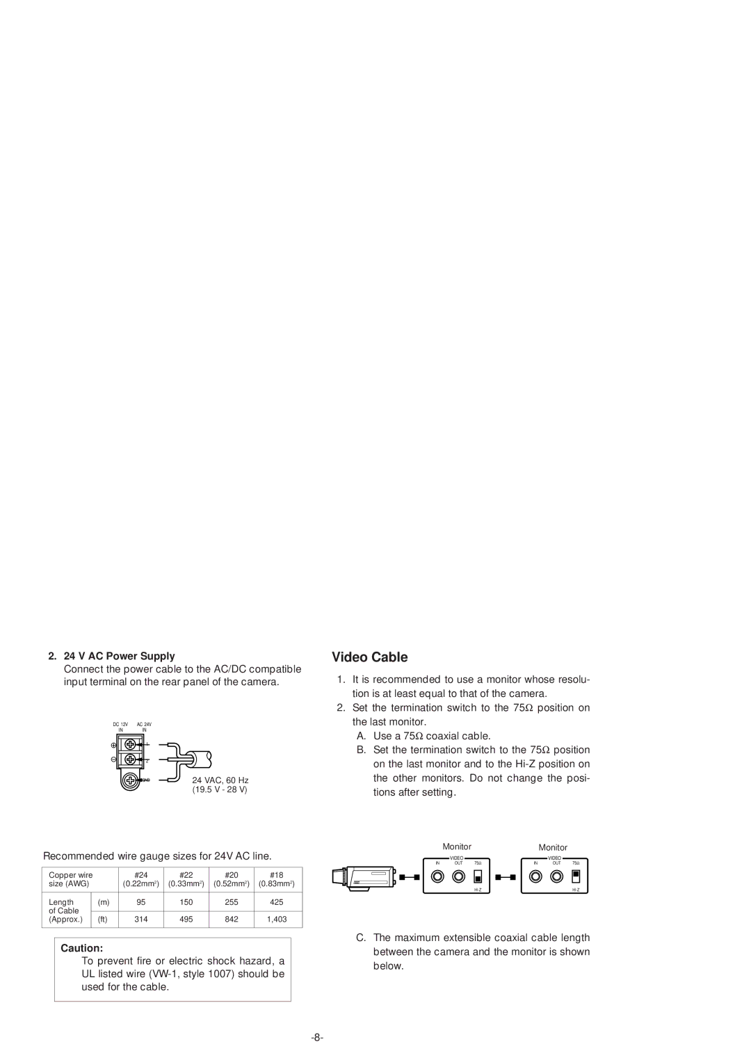 Panasonic WV-BP550 manual AC Power Supply, Recommended wire gauge sizes for 24V AC line 