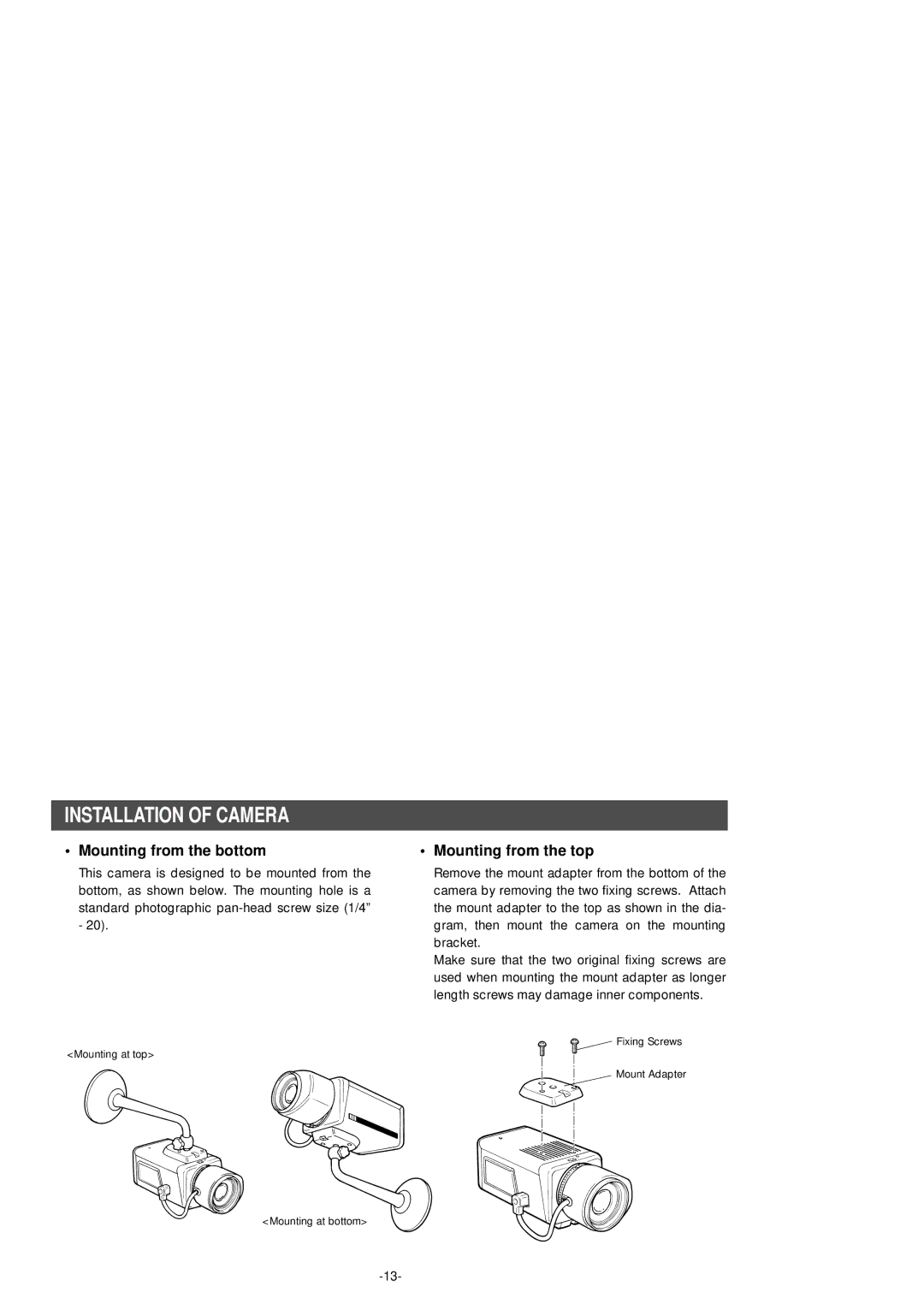 Panasonic WV-BP550 manual Installation of Camera, Mounting from the bottom, Mounting from the top 