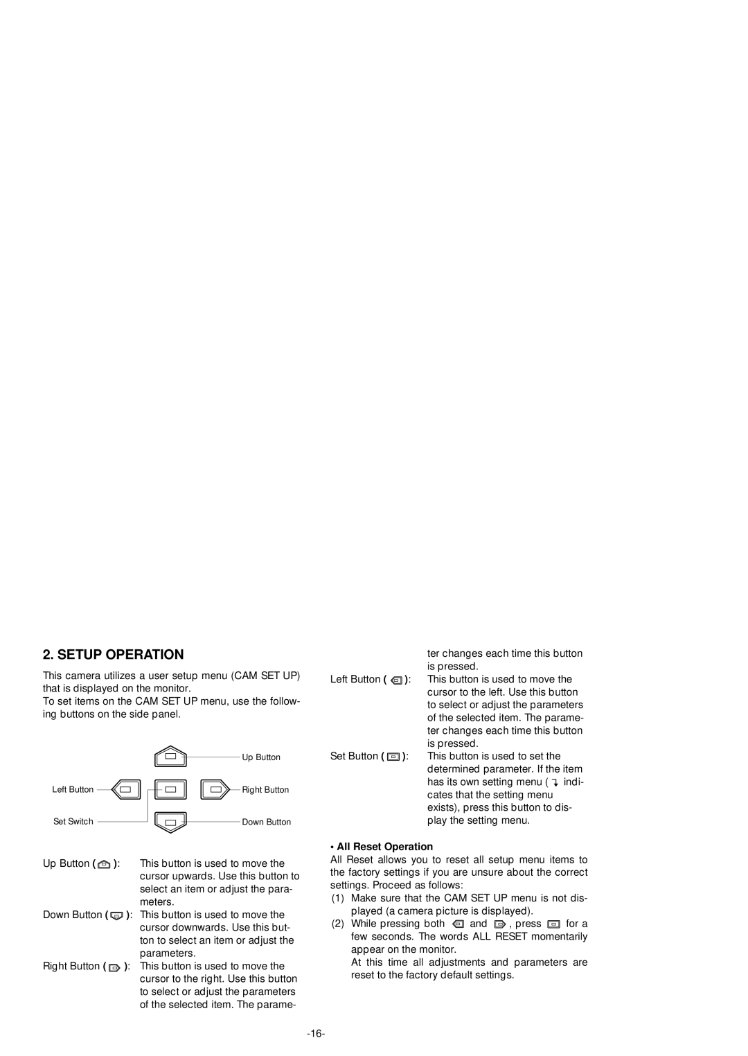 Panasonic WV-BP550 manual Setup Operation, All Reset Operation 