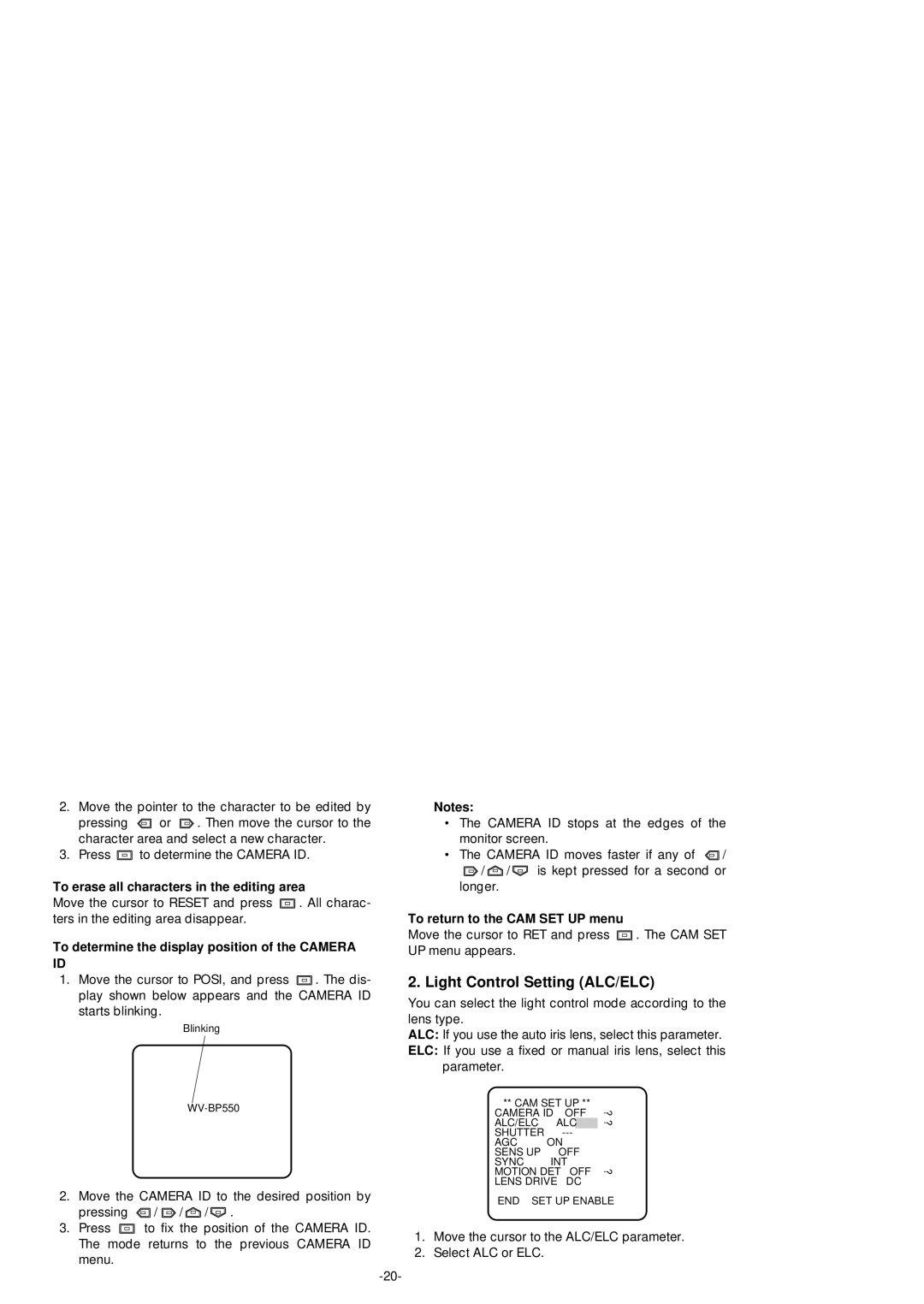 Panasonic WV-BP550 manual Light Control Setting ALC/ELC, To erase all characters in the editing area 